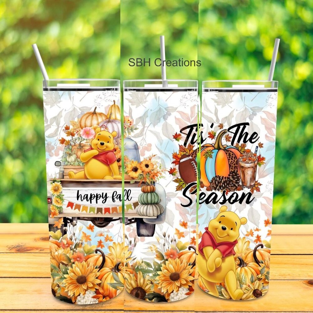 20oz Happy Fall Pooh insulated Tumbler with sliding lid and straw